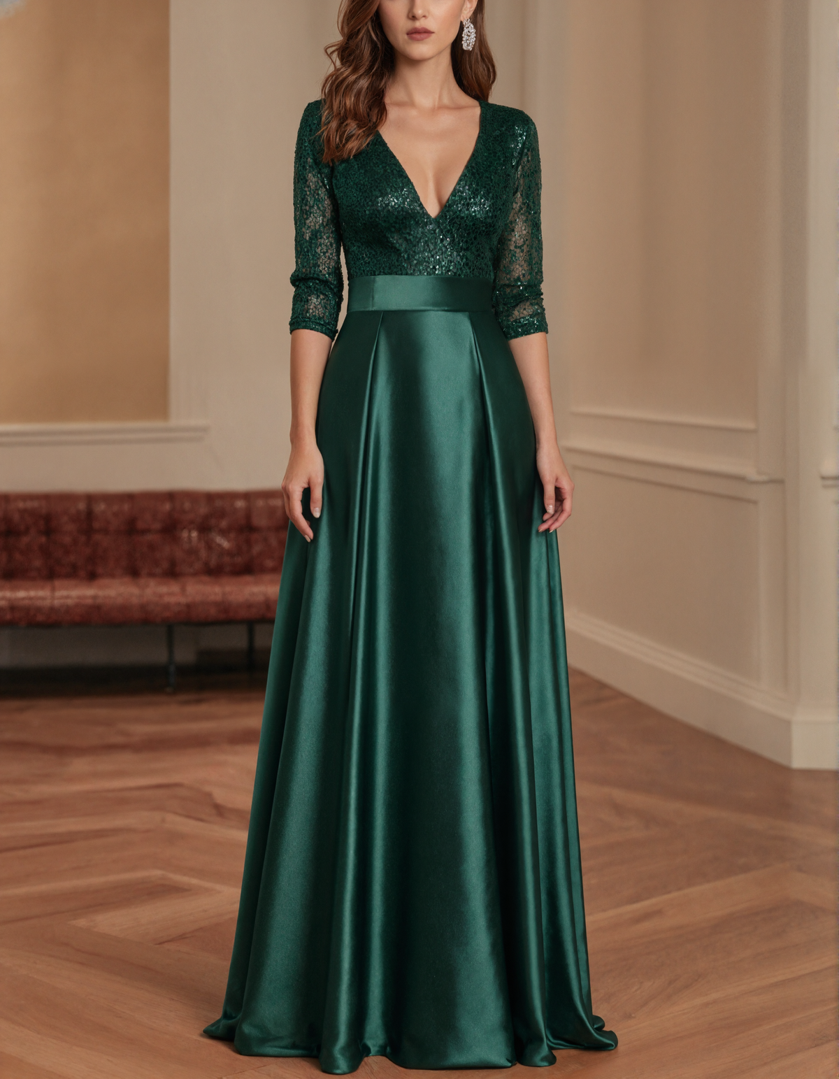 Green A-line Sequin Lace Maxi Dress