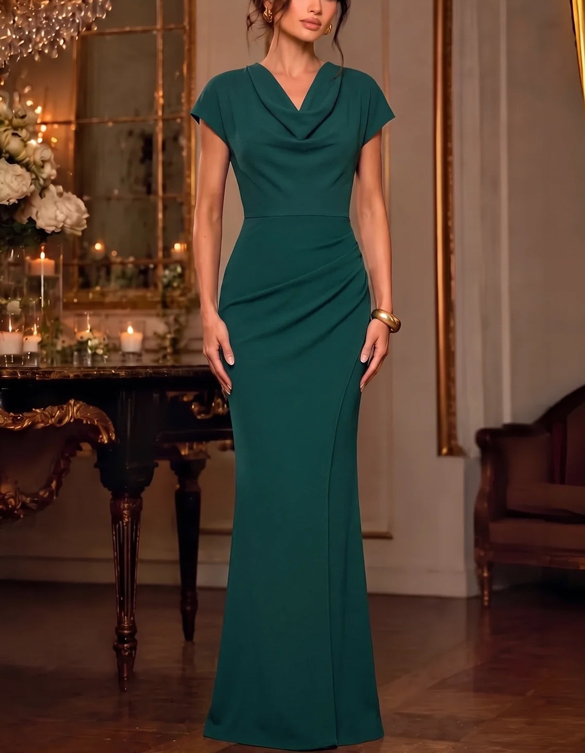 Vestido largo verde bosque con escote drapeado, mangas cortas y fruncido lateral