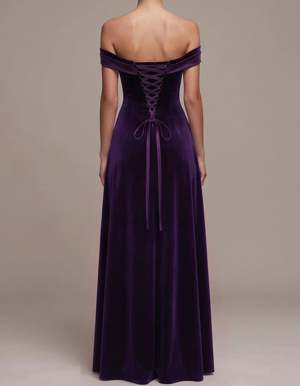 Vestido largo de noche de terciopelo, línea A, con hombros descubiertos
