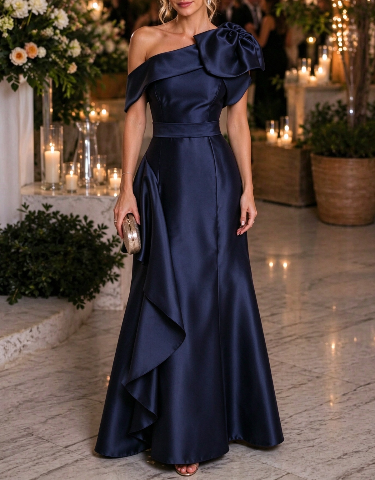 One Shoulder Satin 3D Floral Ruffle Evening A Line Maxi Dress