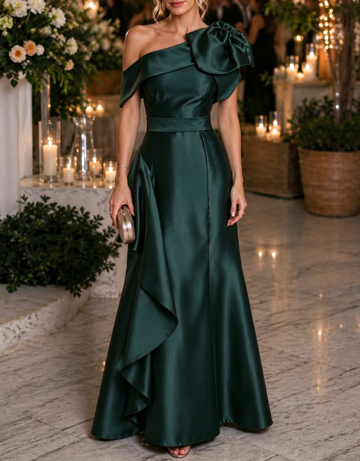 One Shoulder Satin 3D Floral Ruffle Evening A Line Maxi Dress