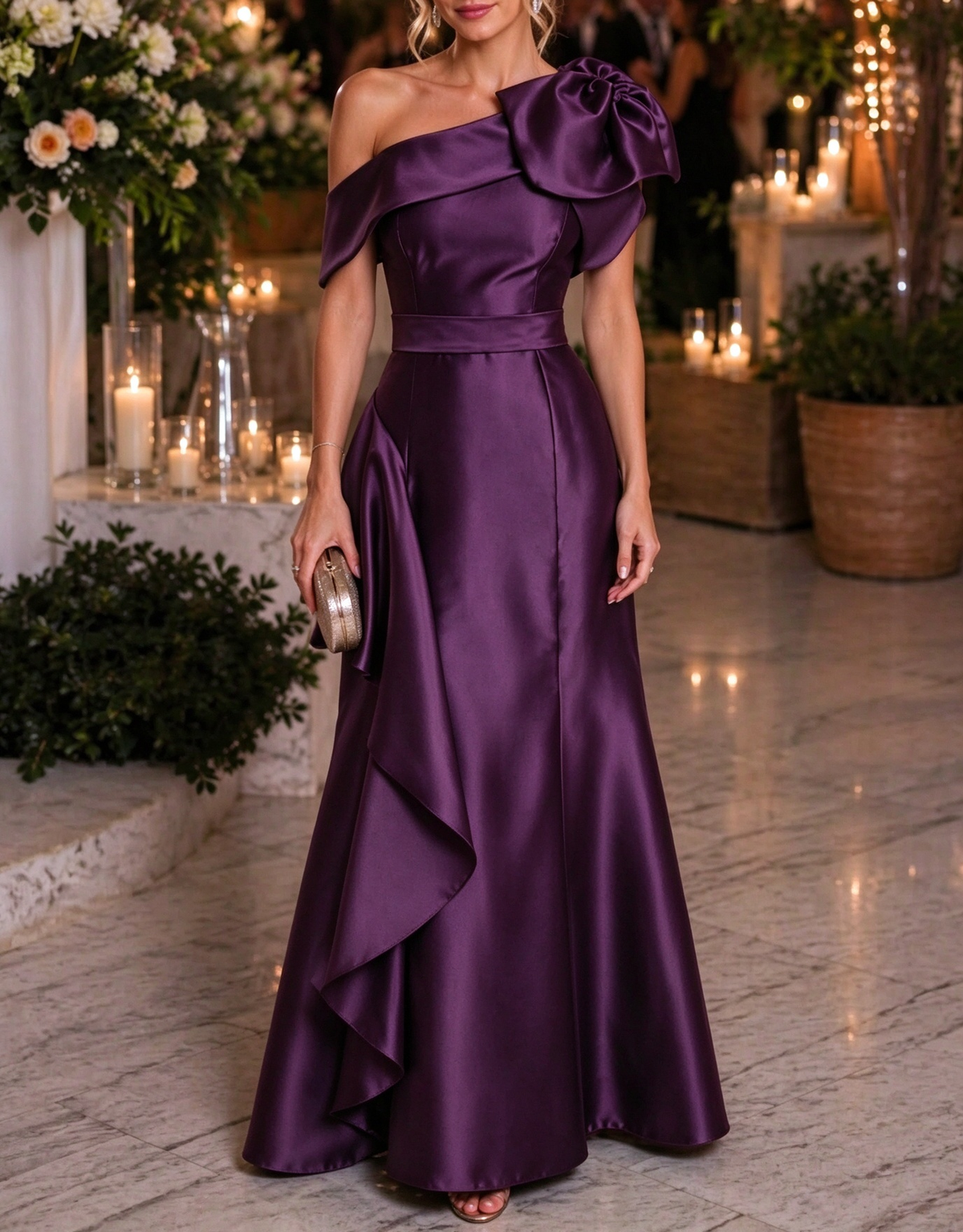 One Shoulder Satin 3D Floral Ruffle Evening A Line Maxi Dress