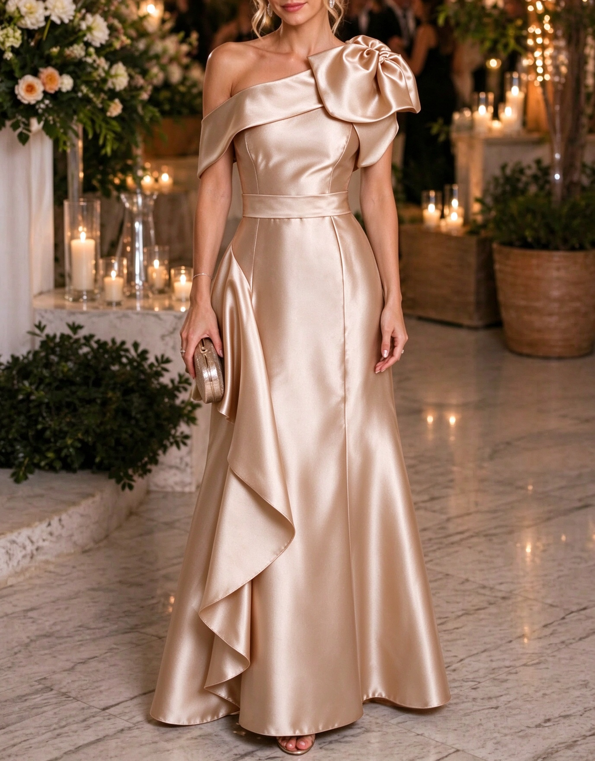 One Shoulder Satin 3D Floral Ruffle Evening A Line Maxi Dress