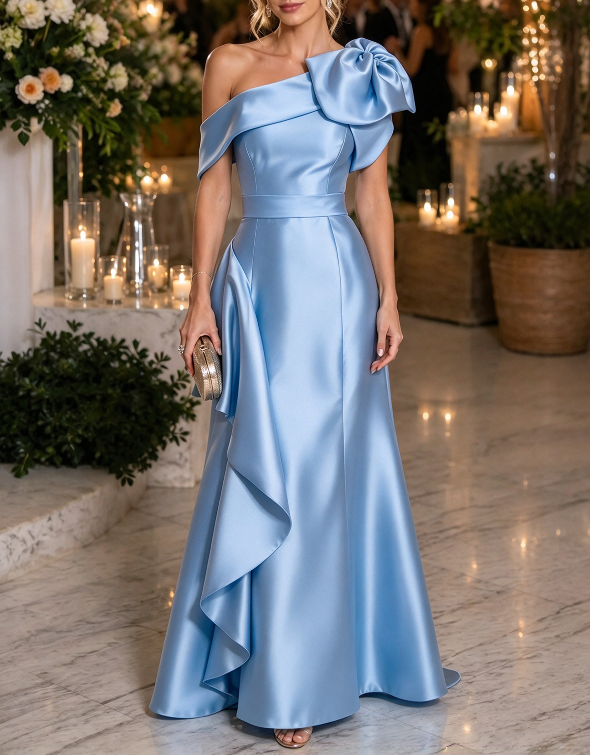 One Shoulder Satin 3D Floral Ruffle Evening A Line Maxi Dress
