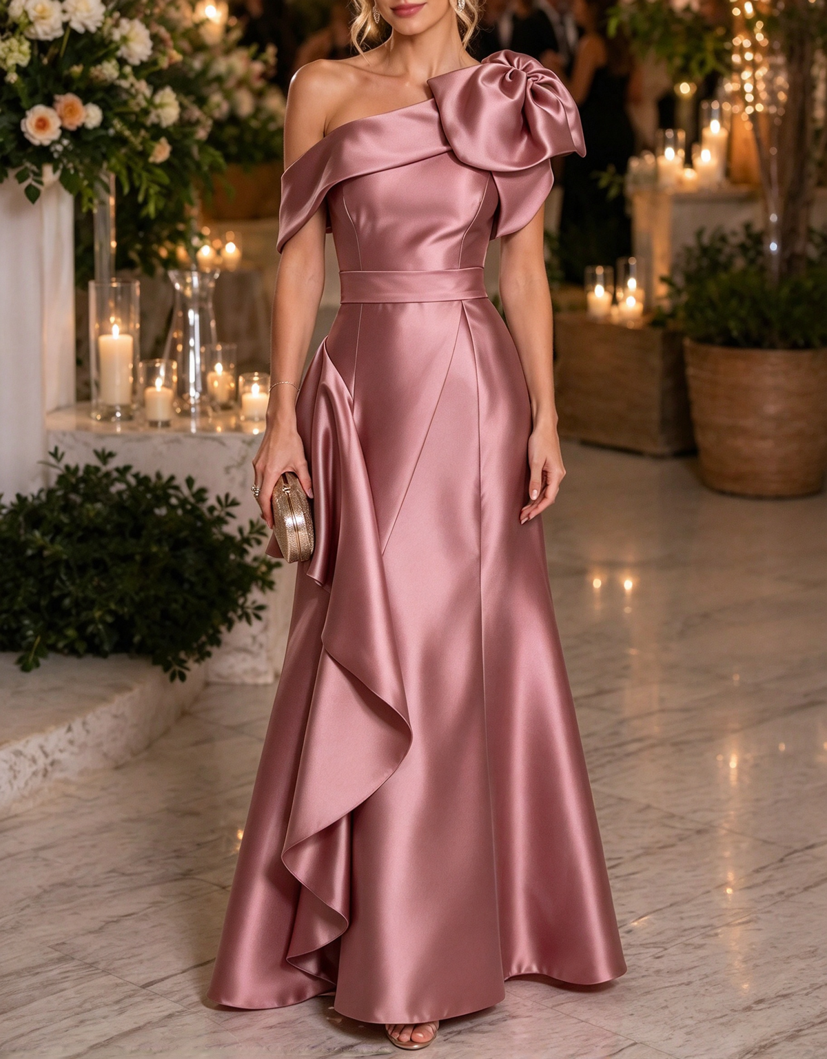 One Shoulder Satin 3D Floral Ruffle Evening A Line Maxi Dress
