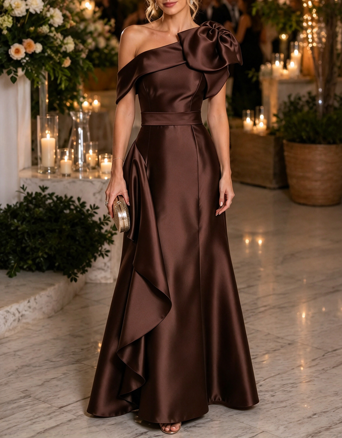 One Shoulder Satin 3D Floral Ruffle Evening A Line Maxi Dress
