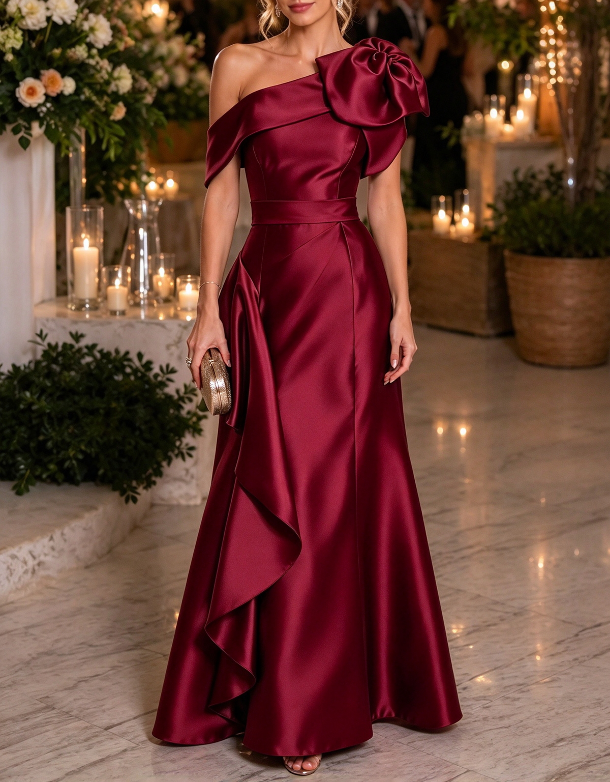 One Shoulder Satin 3D Floral Ruffle Evening A Line Maxi Dress