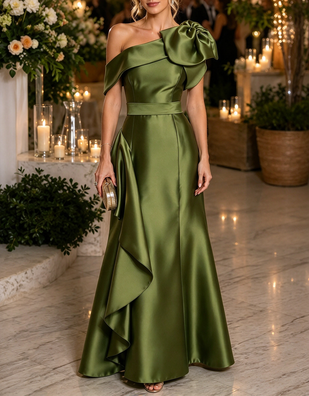 One Shoulder Satin 3D Floral Ruffle Evening A Line Maxi Dress