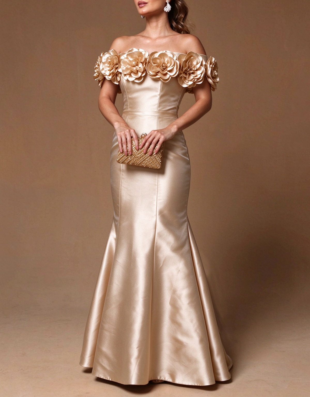 Satin-Abend-Maxikleid im Meerjungfrauen-Stil mit schulterfreiem Ausschnitt und 3D-Blumen