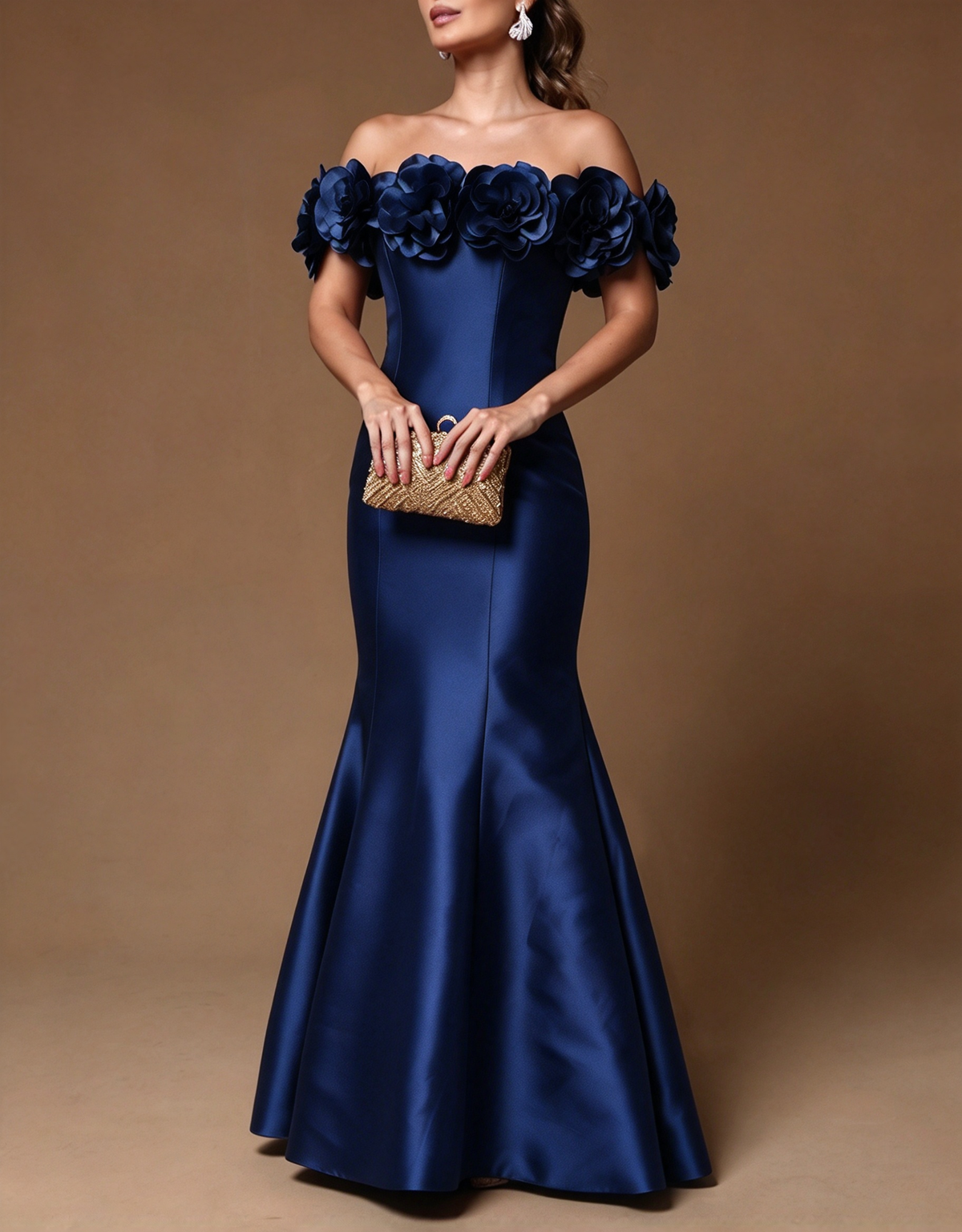 Vestido de noche largo de satén con flores 3D, hombros descubiertos y corte sirena