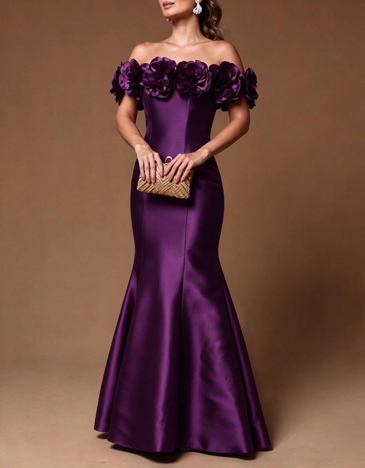 Vestido de noche largo de satén con flores 3D, hombros descubiertos y corte sirena