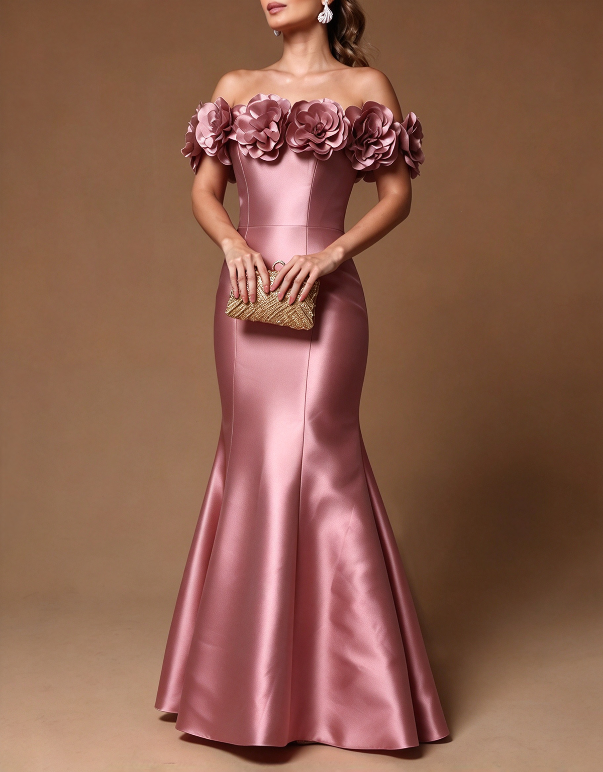 Vestido de noche largo de satén con flores 3D, hombros descubiertos y corte sirena