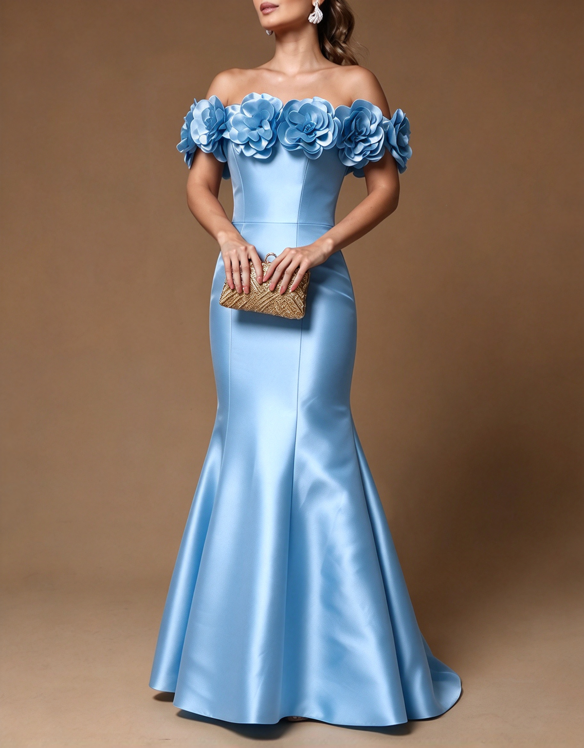 Vestido de noche largo de satén con flores 3D, hombros descubiertos y corte sirena