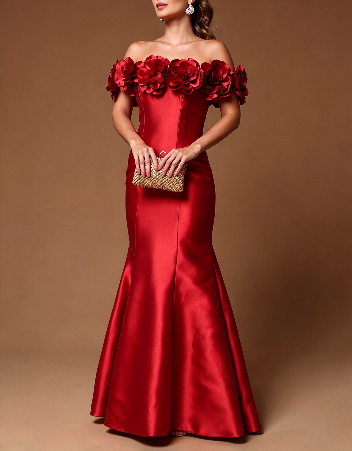 Satin-Abend-Maxikleid im Meerjungfrauen-Stil mit schulterfreiem Ausschnitt und 3D-Blumen