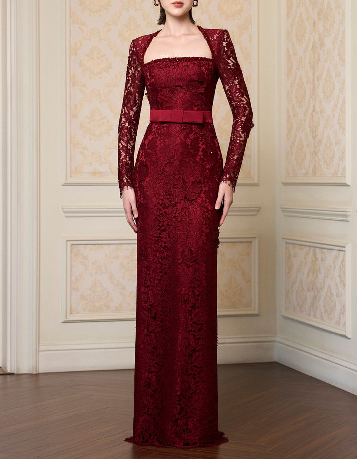 French Square Neck Long Sleeve Heavy Lace Evening Maxi Dress