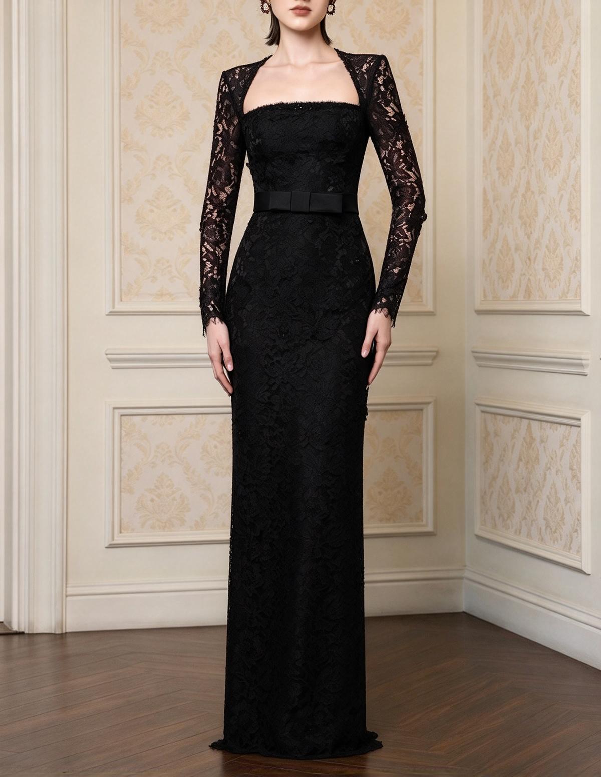 French Square Neck Long Sleeve Heavy Lace Evening Maxi Dress