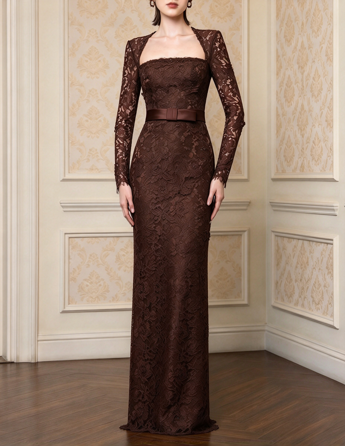 French Square Neck Long Sleeve Heavy Lace Evening Maxi Dress