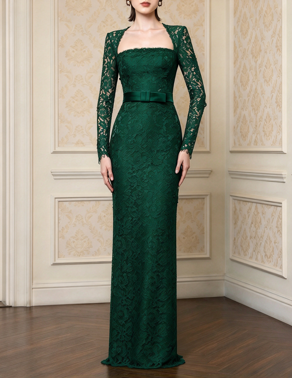 French Square Neck Long Sleeve Heavy Lace Evening Maxi Dress