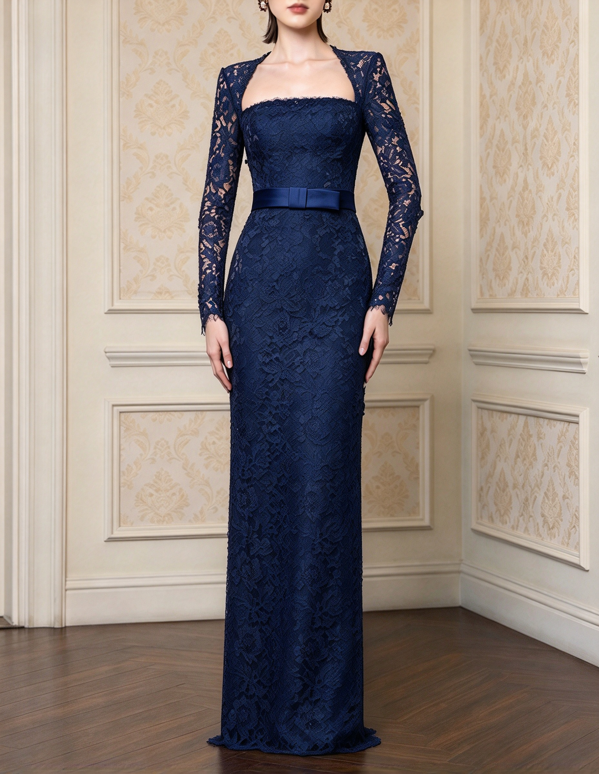 French Square Neck Long Sleeve Heavy Lace Evening Maxi Dress
