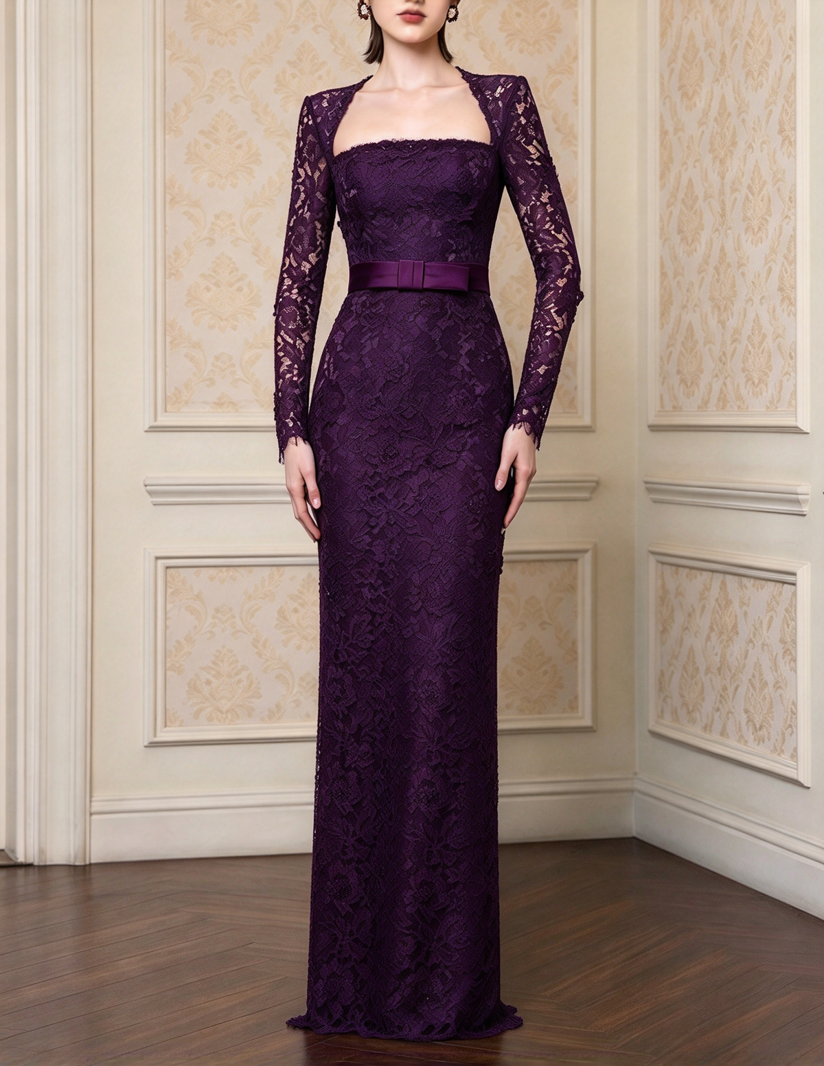 French Square Neck Long Sleeve Heavy Lace Evening Maxi Dress