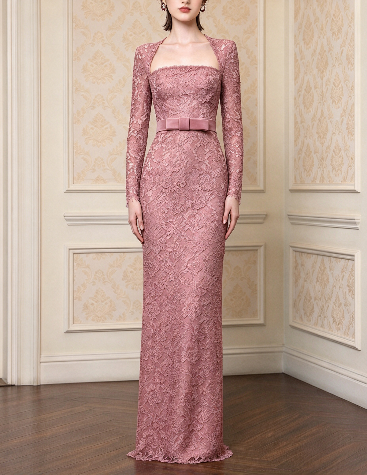 French Square Neck Long Sleeve Heavy Lace Evening Maxi Dress