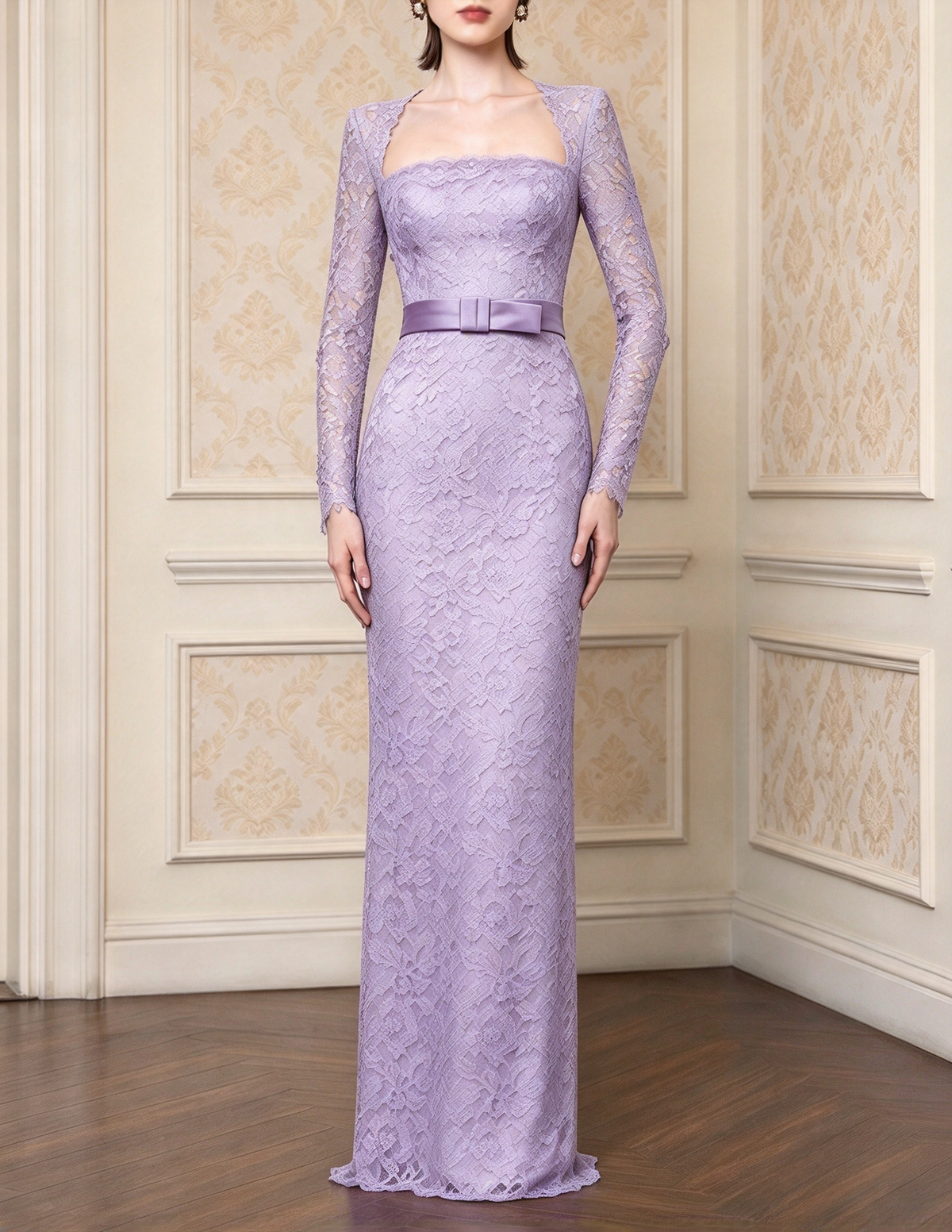 French Square Neck Long Sleeve Heavy Lace Evening Maxi Dress