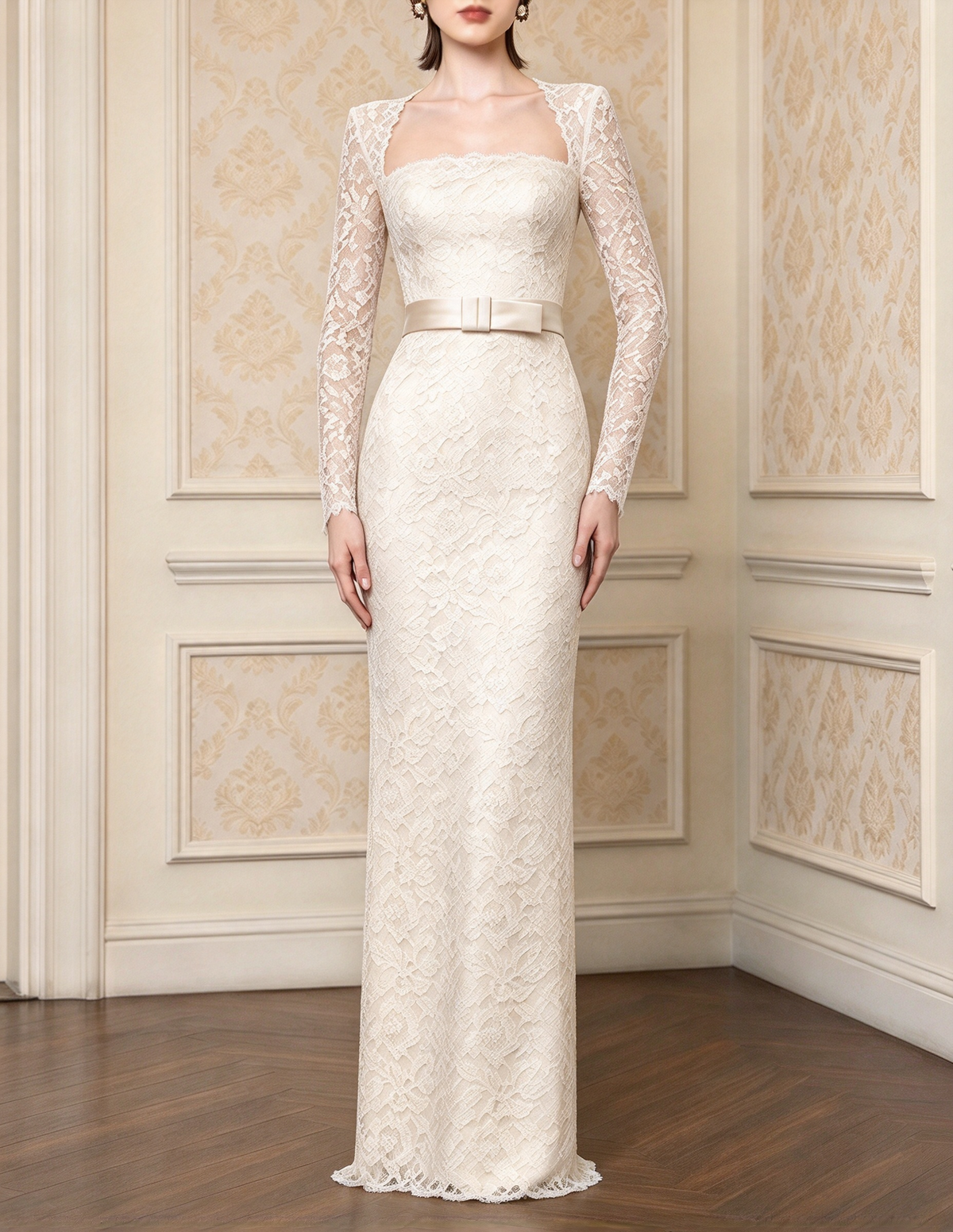 French Square Neck Long Sleeve Heavy Lace Evening Maxi Dress