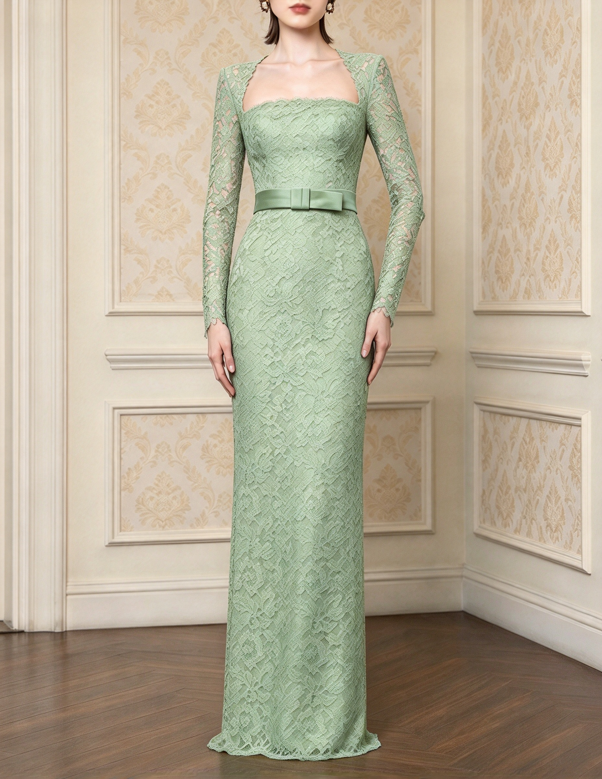 French Square Neck Long Sleeve Heavy Lace Evening Maxi Dress