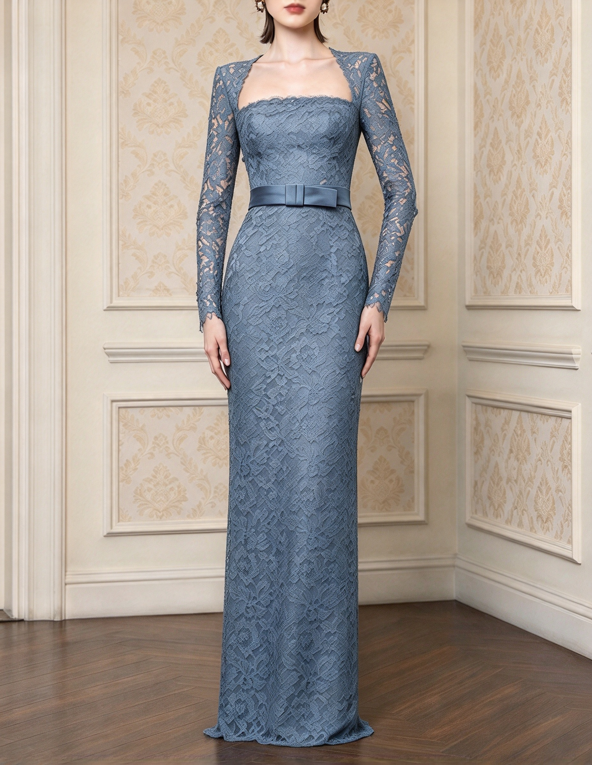 French Square Neck Long Sleeve Heavy Lace Evening Maxi Dress