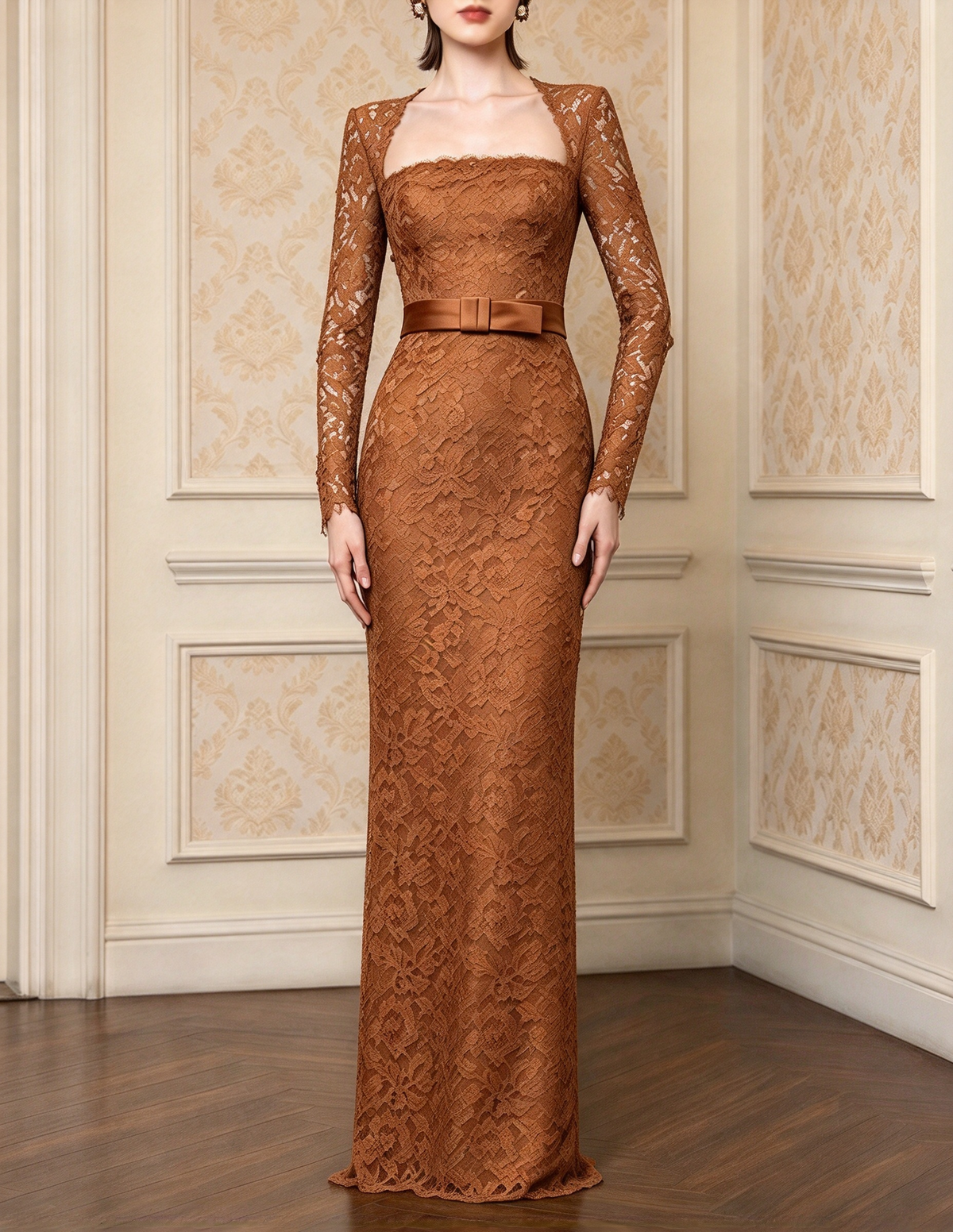 French Square Neck Long Sleeve Heavy Lace Evening Maxi Dress