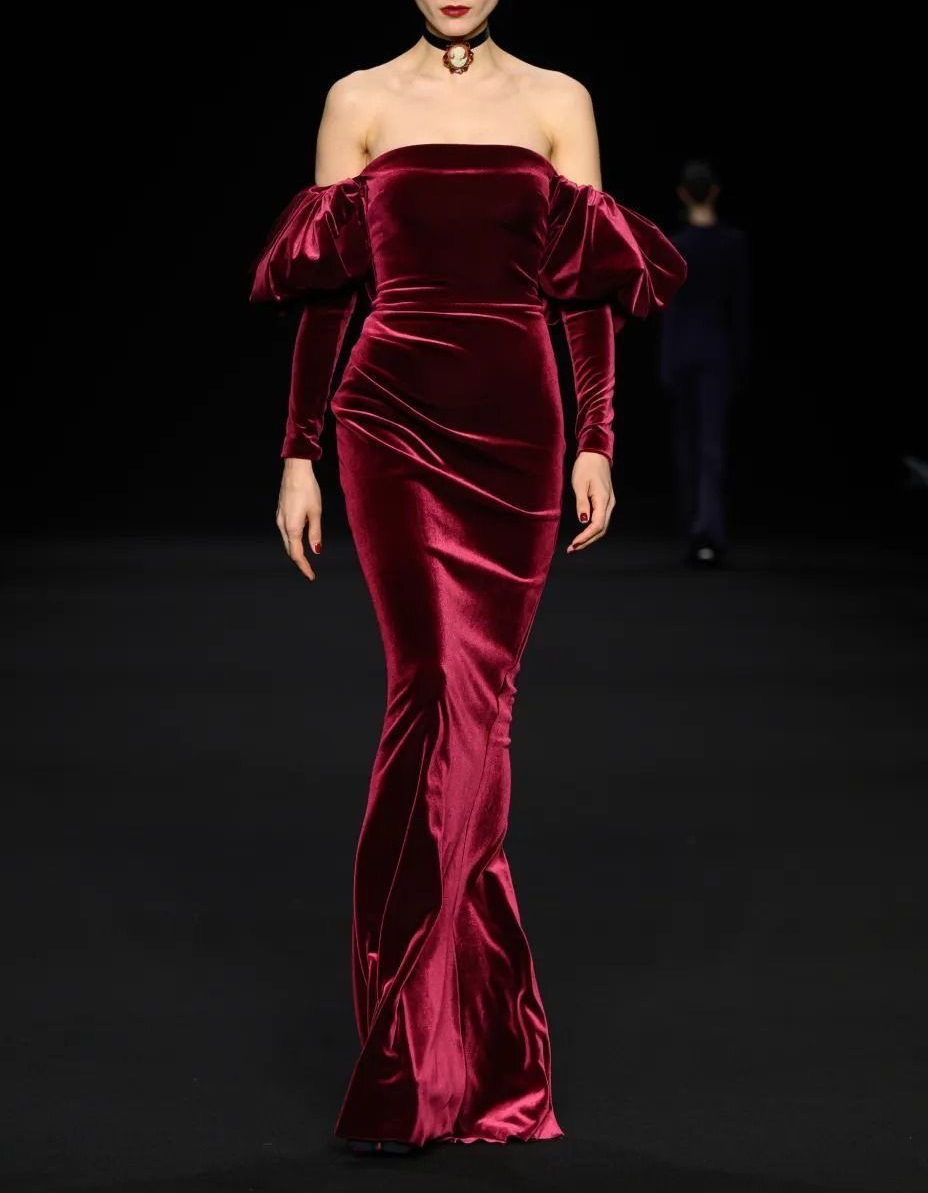 Off The Shoulder Velvet Puff Sleeve Mermaid Evening Maxi Dress