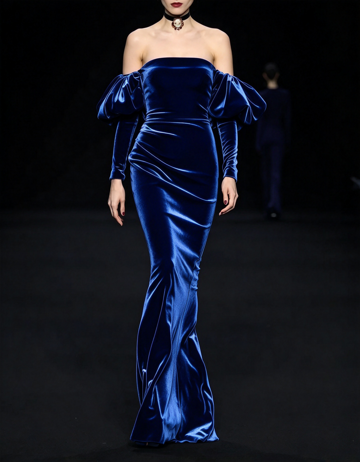 Off The Shoulder Velvet Puff Sleeve Mermaid Evening Maxi Dress