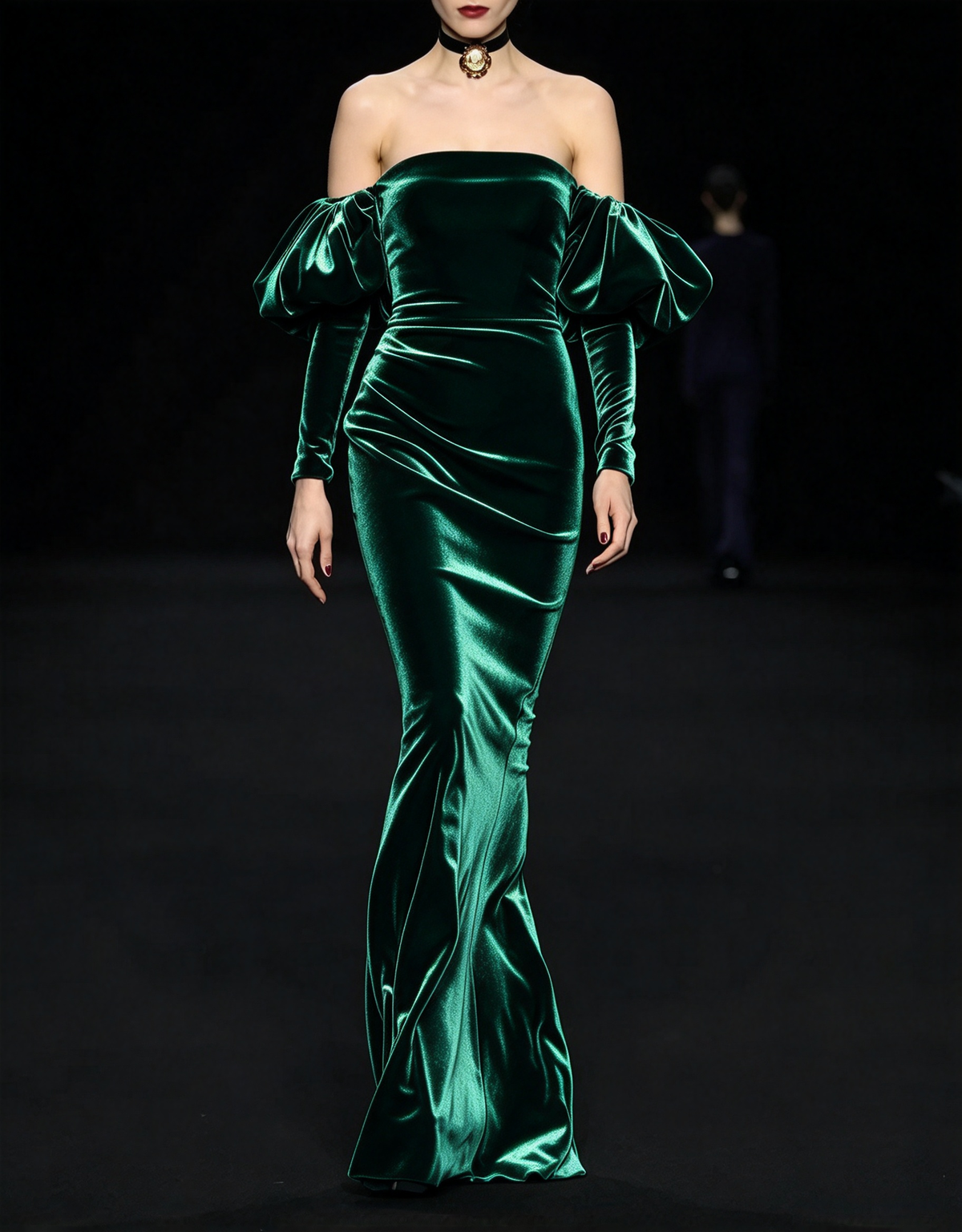 Off The Shoulder Velvet Puff Sleeve Mermaid Evening Maxi Dress