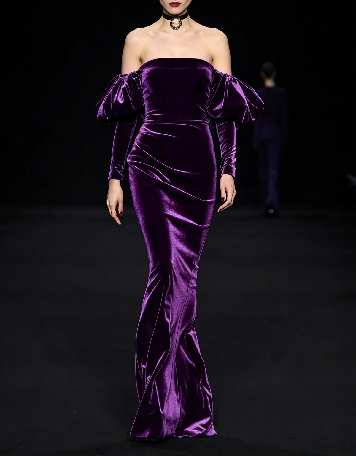 Off The Shoulder Velvet Puff Sleeve Mermaid Evening Maxi Dress