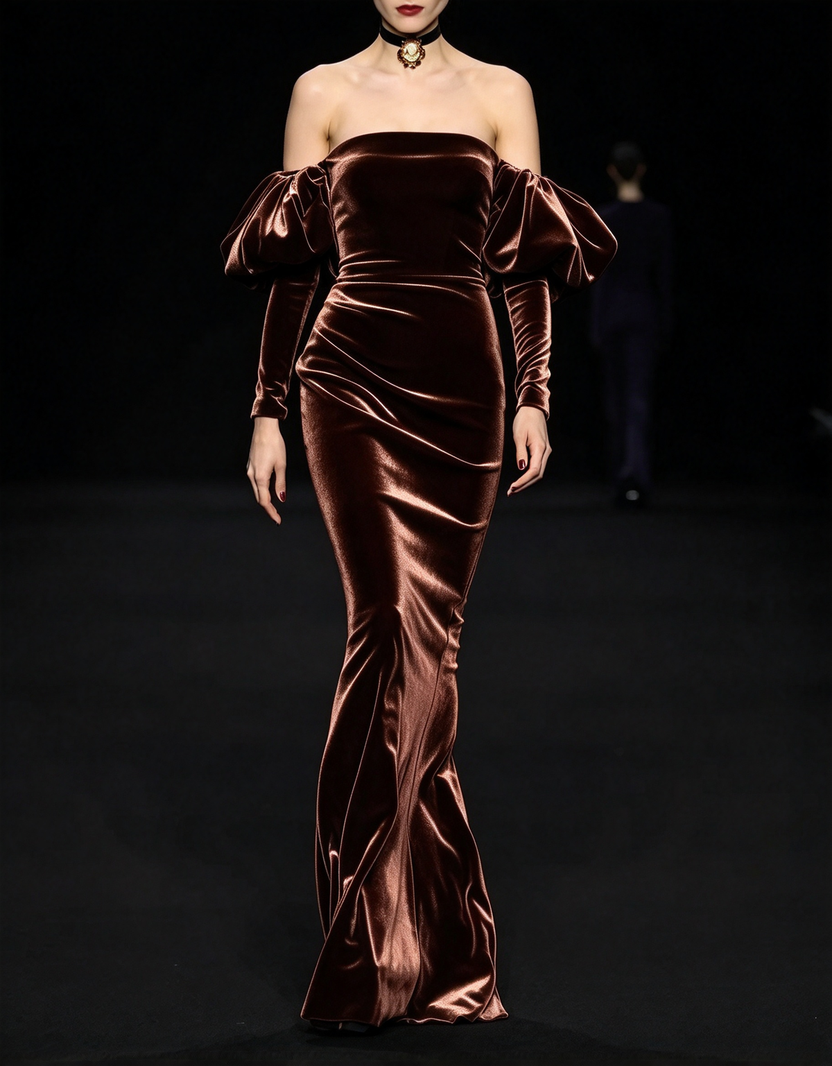 Off The Shoulder Velvet Puff Sleeve Mermaid Evening Maxi Dress