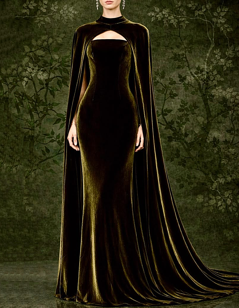 Vestido de noche largo de terciopelo con capa larga, sin tirantes y de corte sirena
