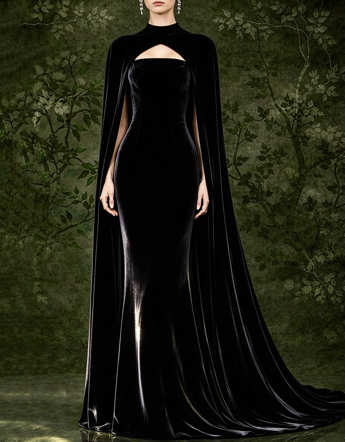 Vestido de noche largo de terciopelo con capa larga, sin tirantes y de corte sirena