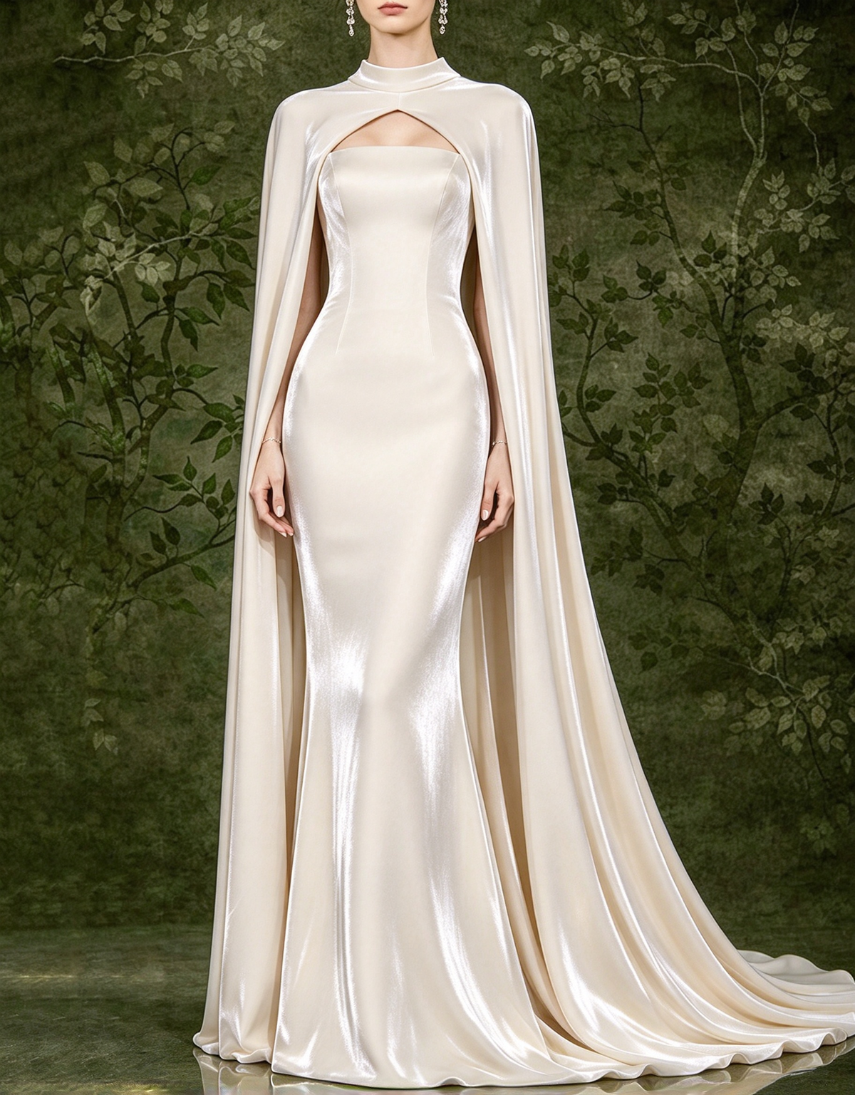 Vestido de noche largo de terciopelo con capa larga, sin tirantes y de corte sirena