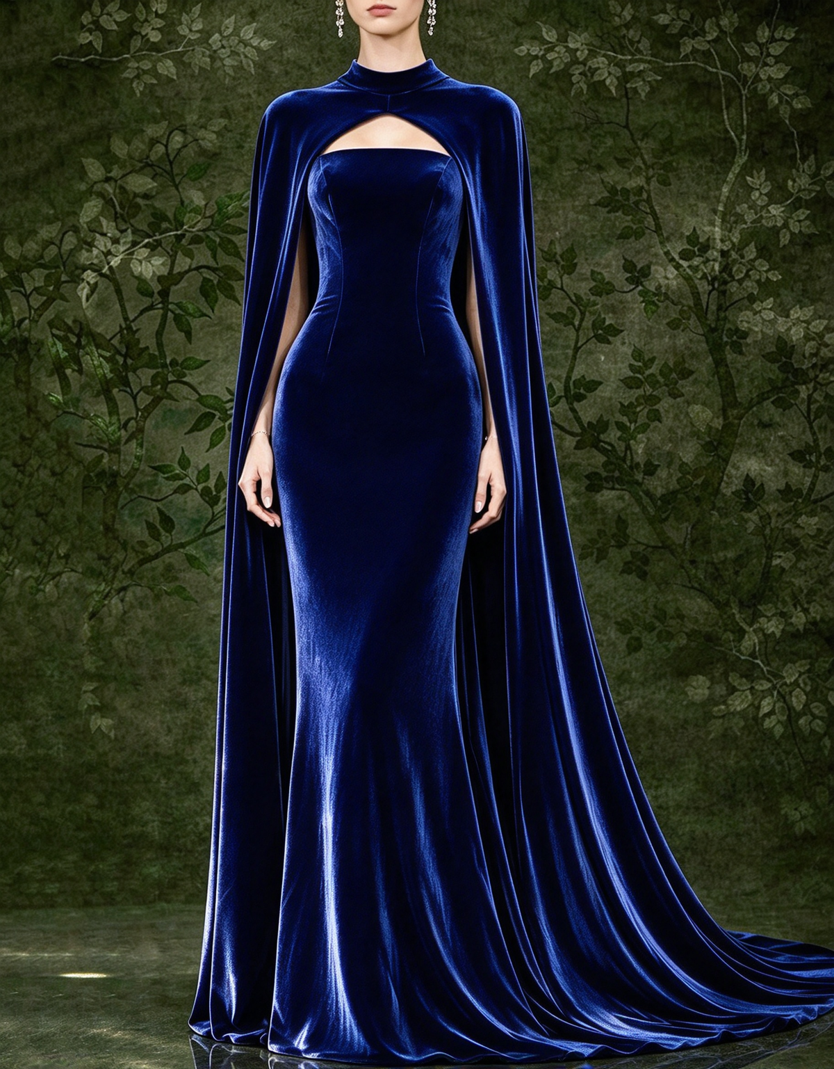 Vestido de noche largo de terciopelo con capa larga, sin tirantes y de corte sirena