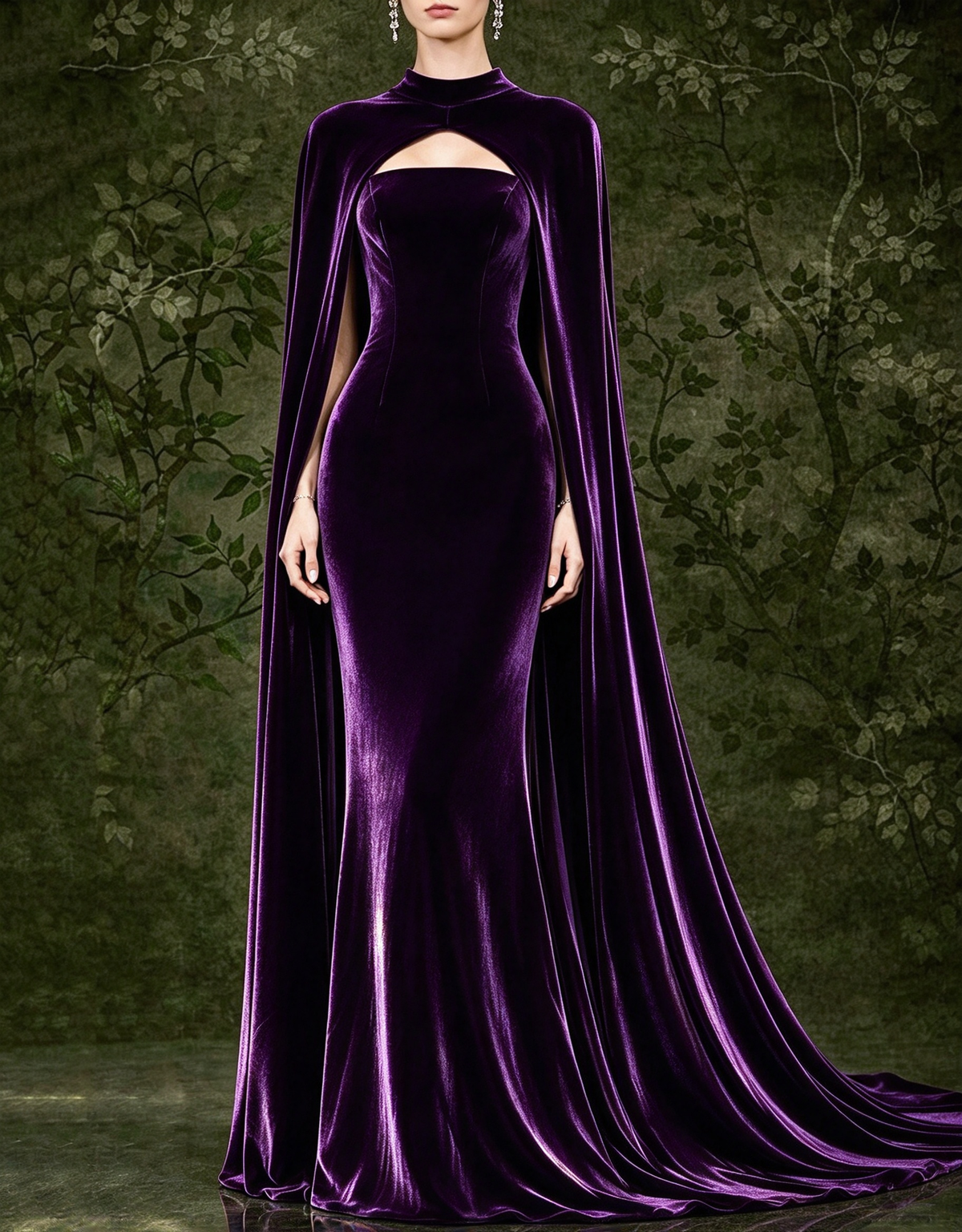 Vestido de noche largo de terciopelo con capa larga, sin tirantes y de corte sirena