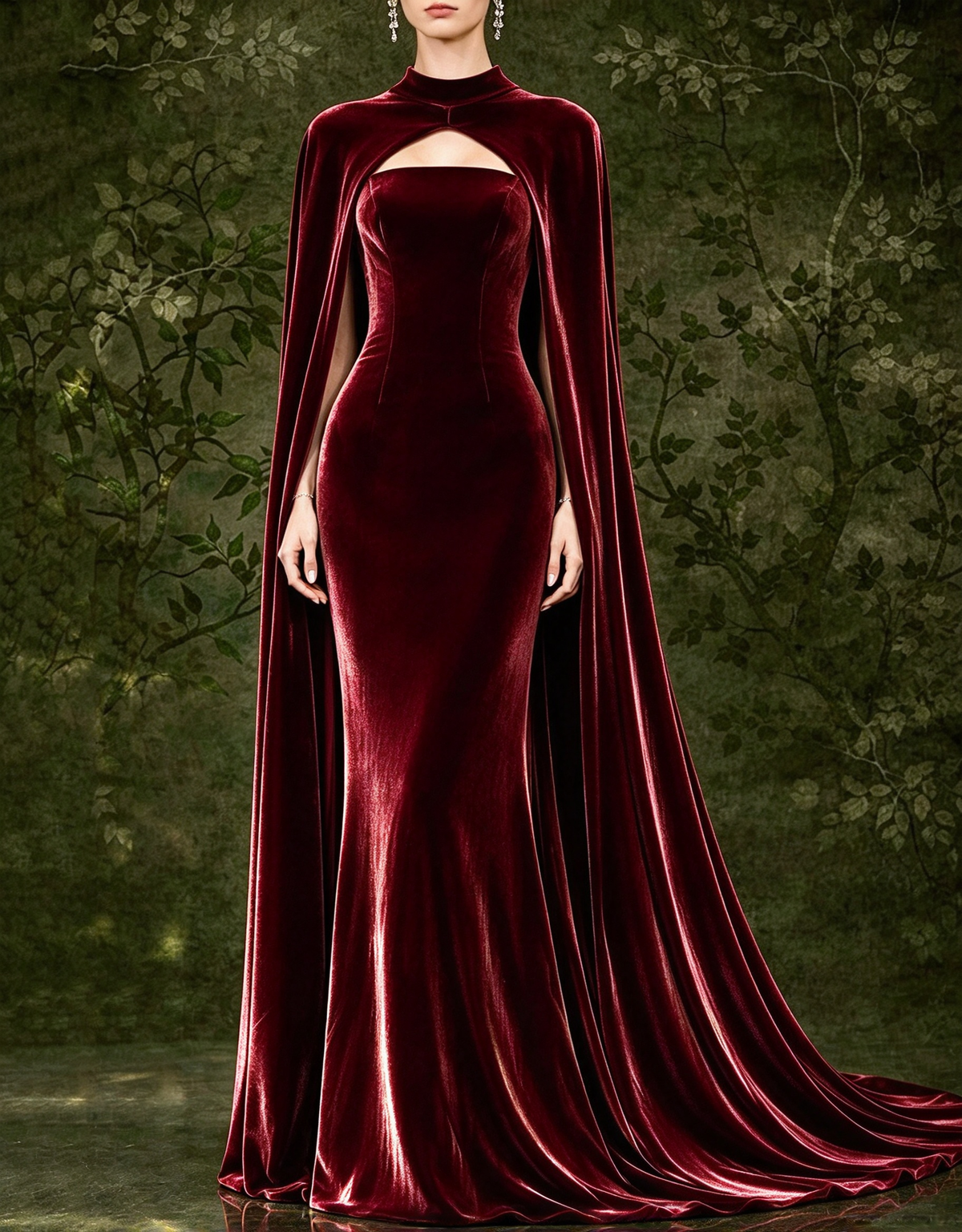 Vestido de noche largo de terciopelo con capa larga, sin tirantes y de corte sirena
