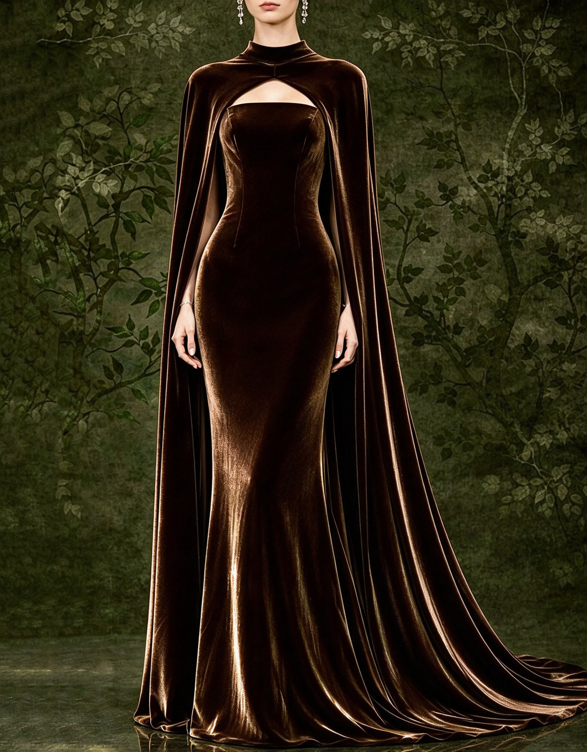 Vestido de noche largo de terciopelo con capa larga, sin tirantes y de corte sirena