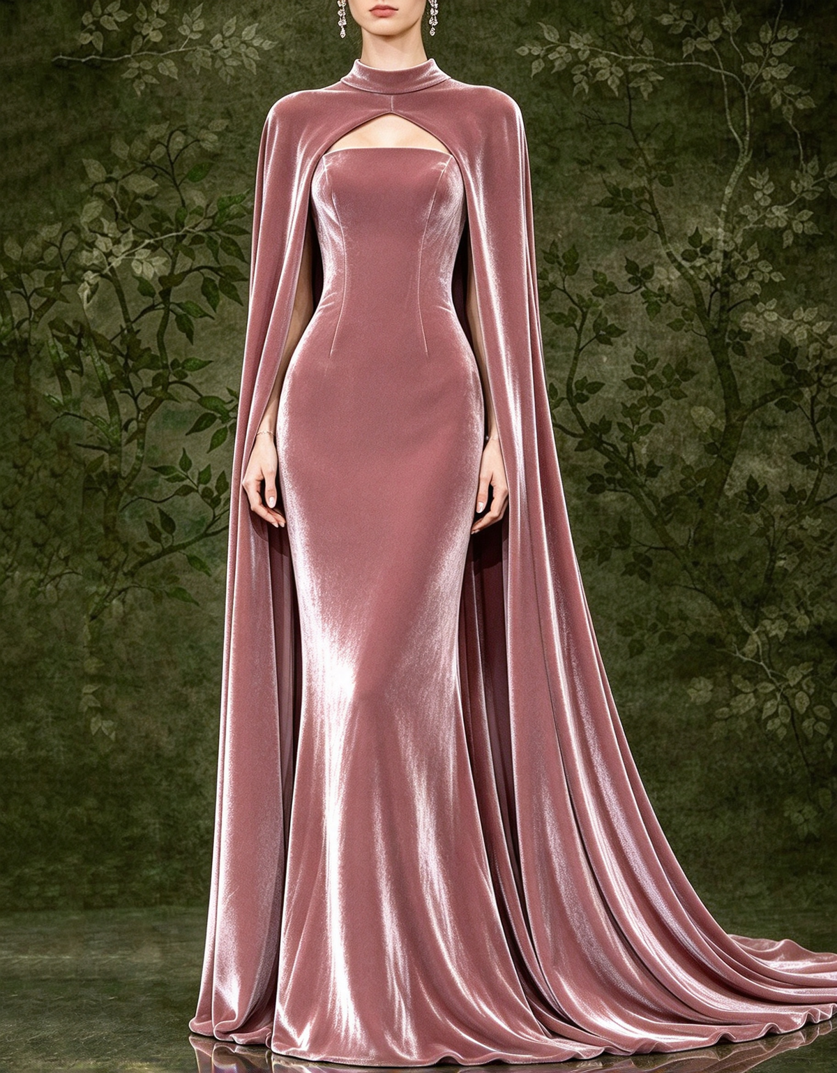Vestido de noche largo de terciopelo con capa larga, sin tirantes y de corte sirena