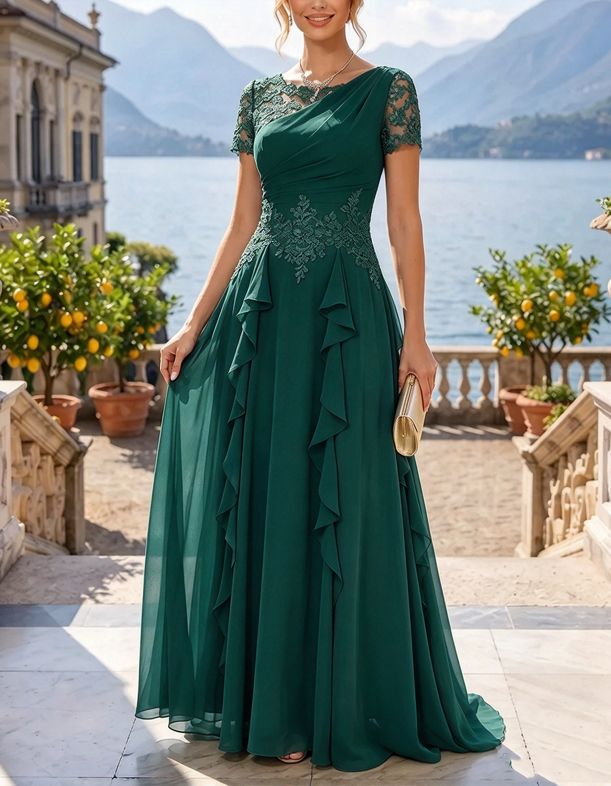 Dusty Blue Asymmetrical Neck Lace Chiffon Maxi Dress