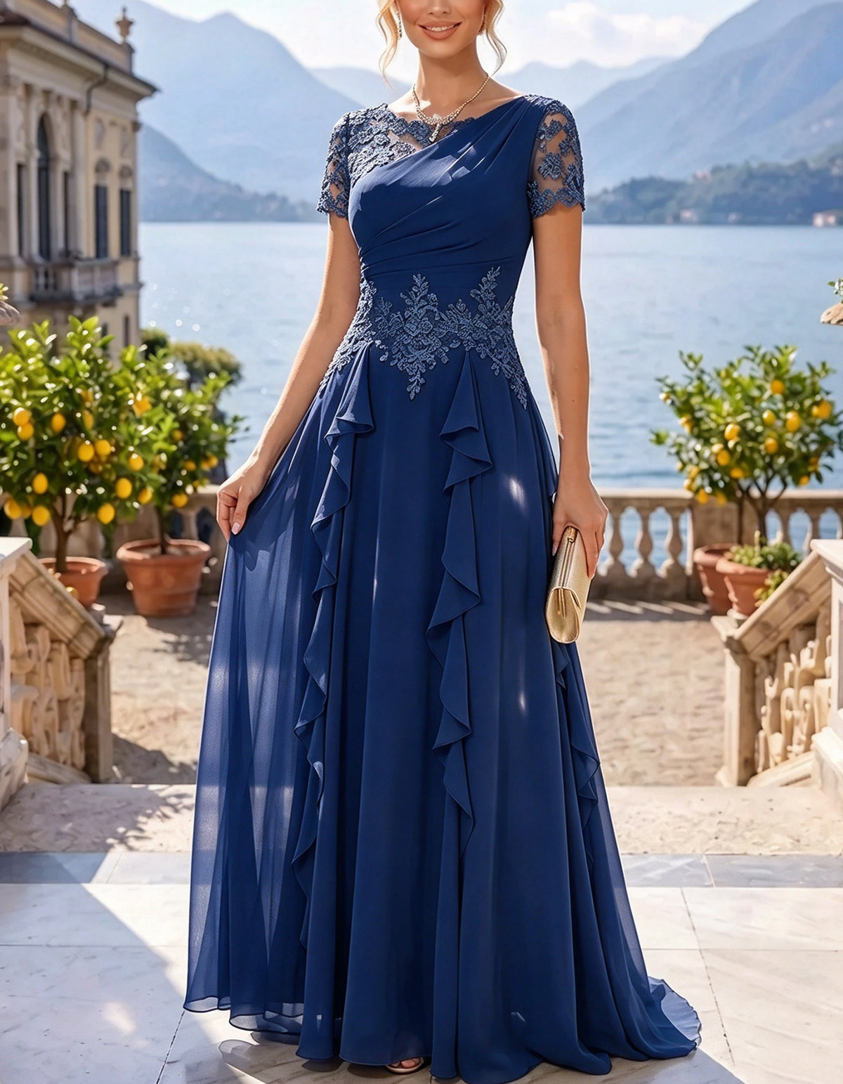 Dusty Blue Asymmetrical Neck Lace Chiffon Maxi Dress