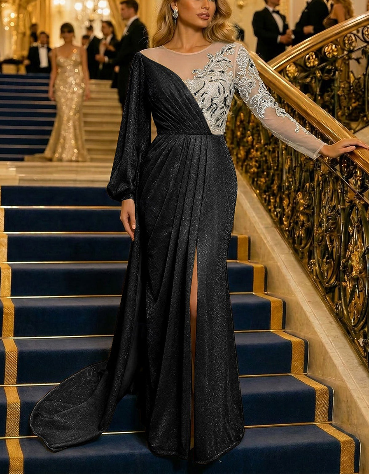 Gold Illusion Round Neck Sequin Lace Glitter Maxi Dress