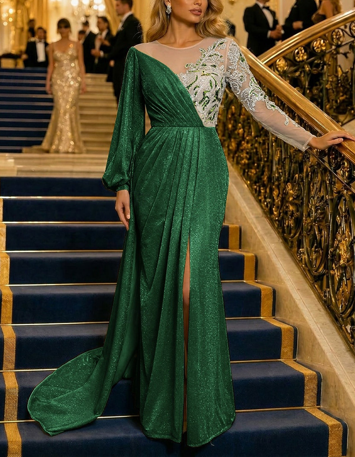 Gold Illusion Round Neck Sequin Lace Glitter Maxi Dress