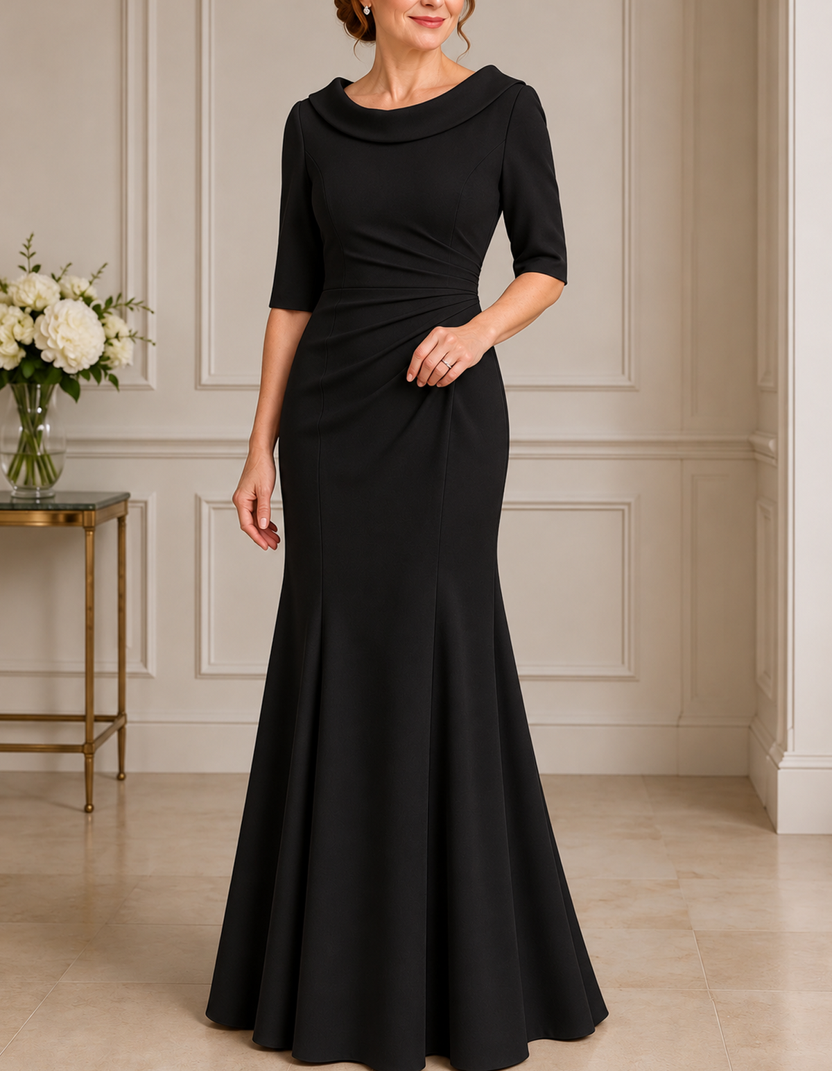Draped Cowl Neck Elbow Sleeve Maxi Dress