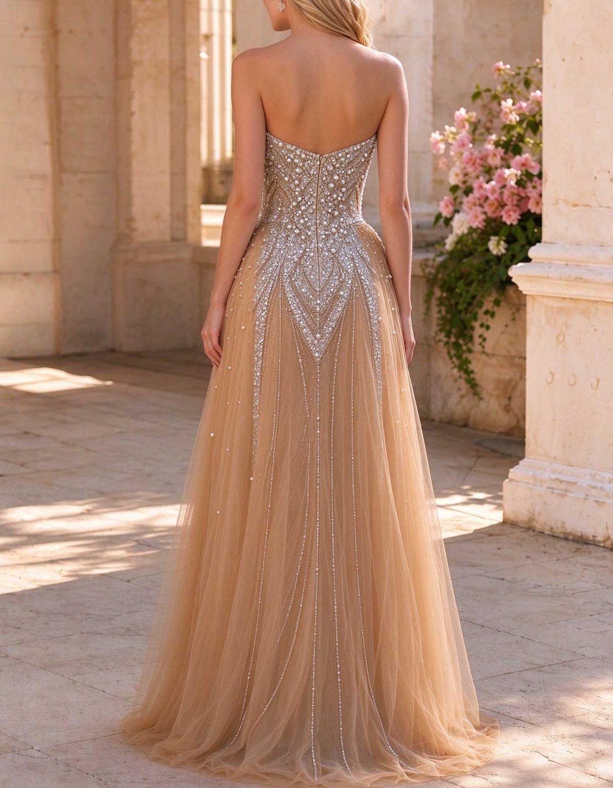 Champagne Strapless Pearl Rhinestone Beaded A-Line Evening Gown