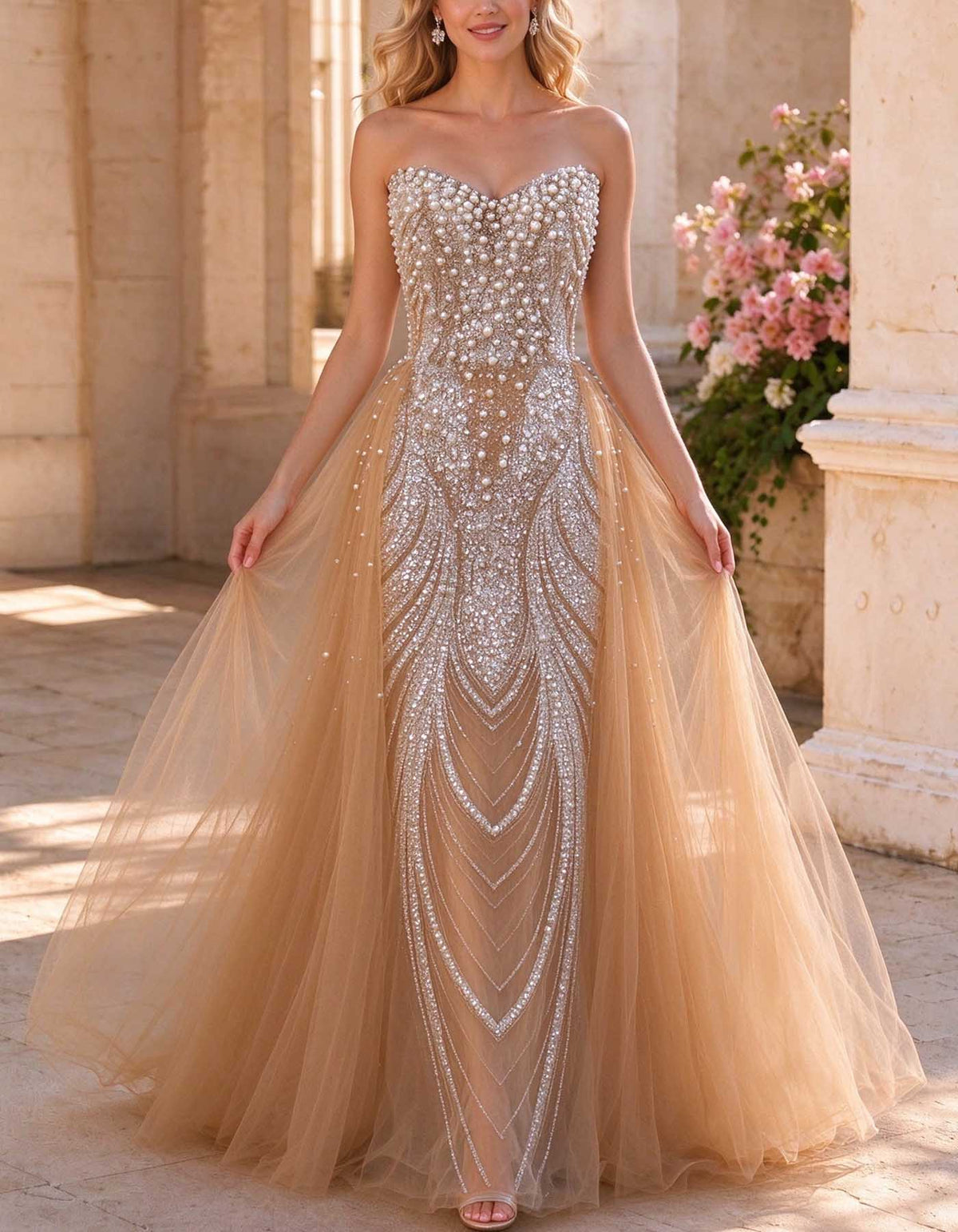 Champagne Strapless Pearl Rhinestone Beaded A-Line Evening Gown
